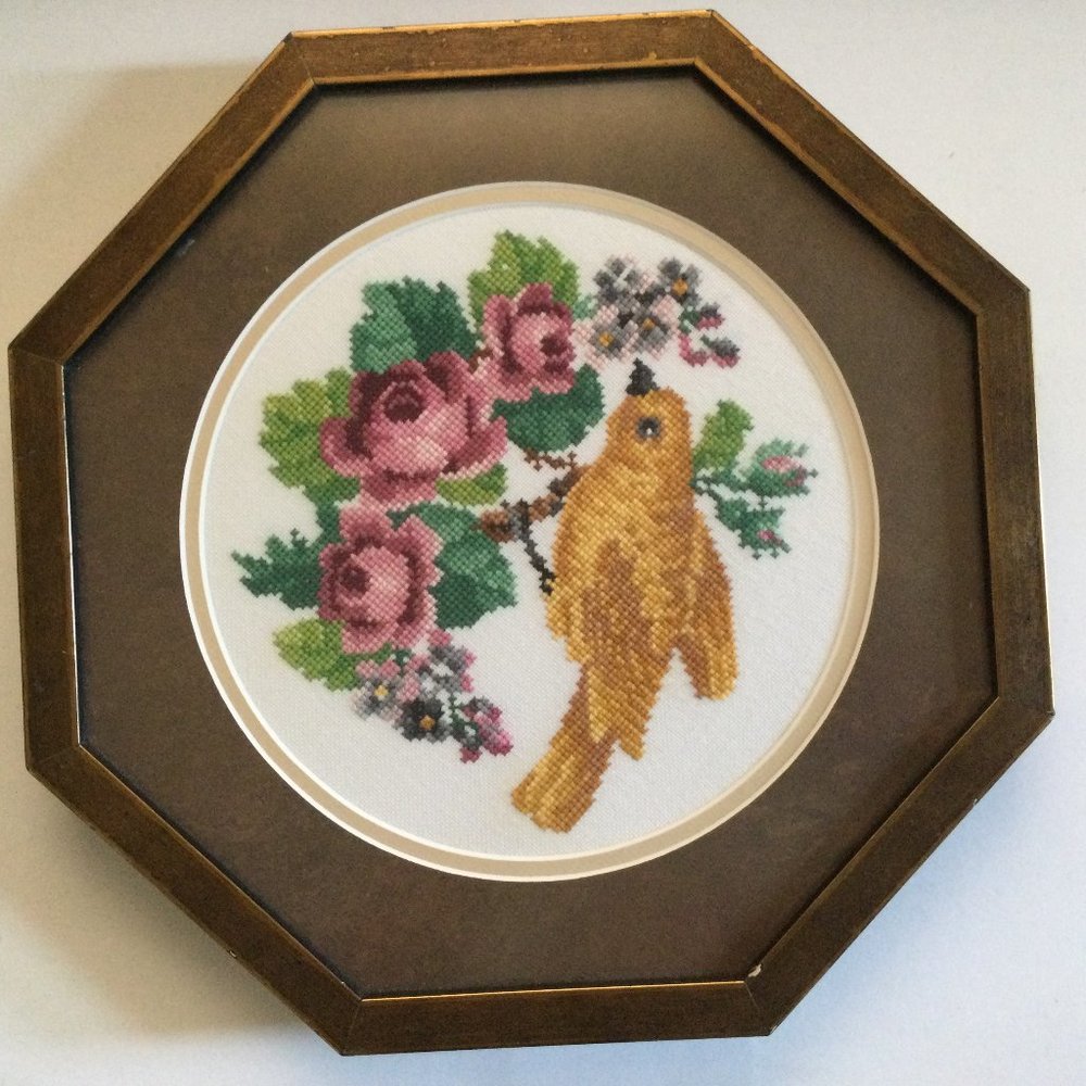 Framed needlework embroidery yarn art bird flowers octagonal shape wall decor